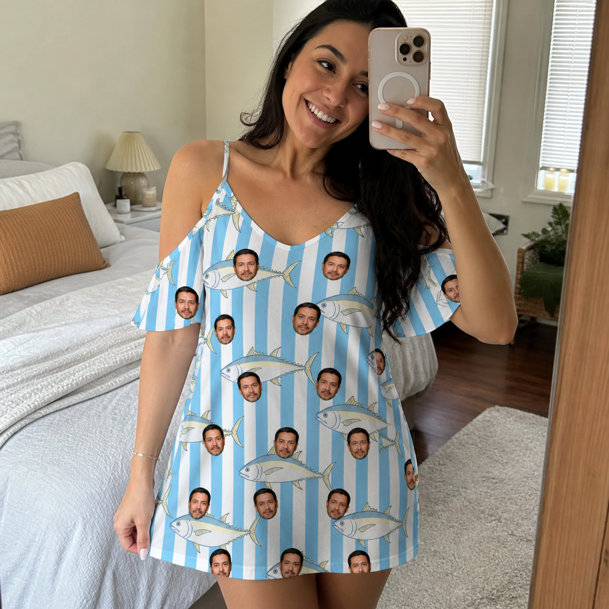 Real-life photo of someone wearing Women's Tuna Tactics Custom Face Off-Shoulder Dress — custom faces printed all-over