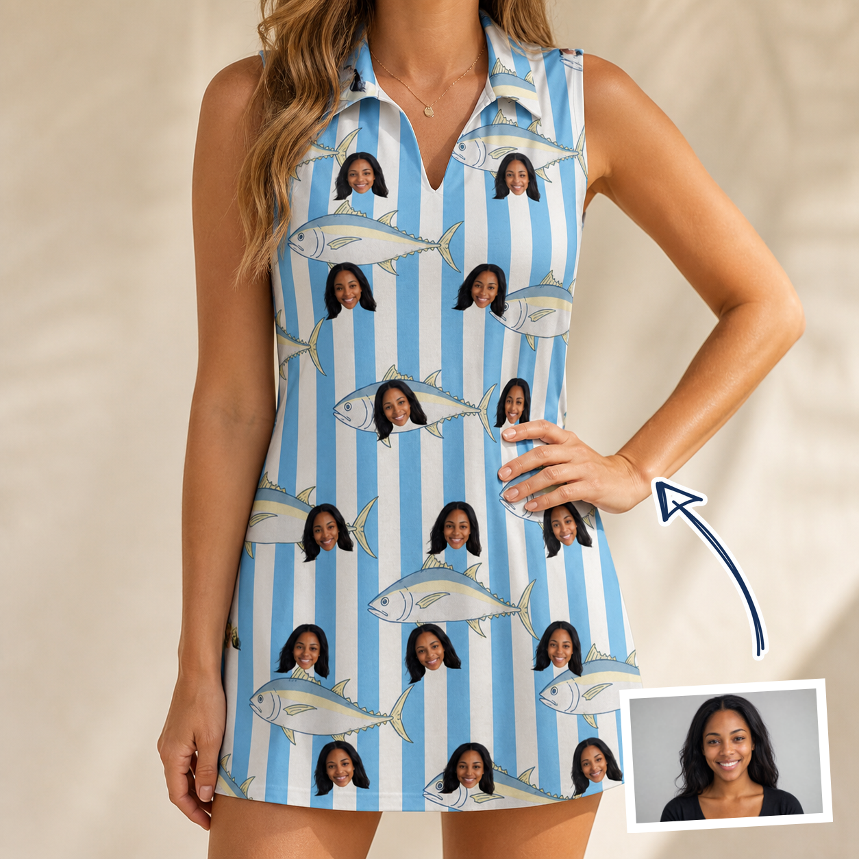Woman wearing Women's Tuna Tactics Custom Face V-Neck Dress — custom faces printed all-over