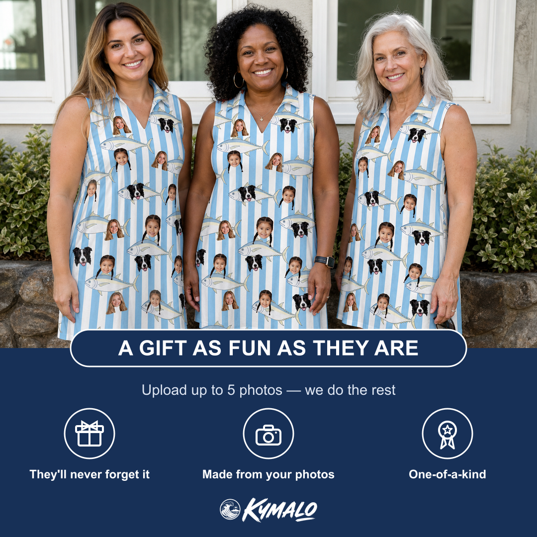 Friends in matching Women's Tuna Tactics Custom Face V-Neck Dress — a group gift photo