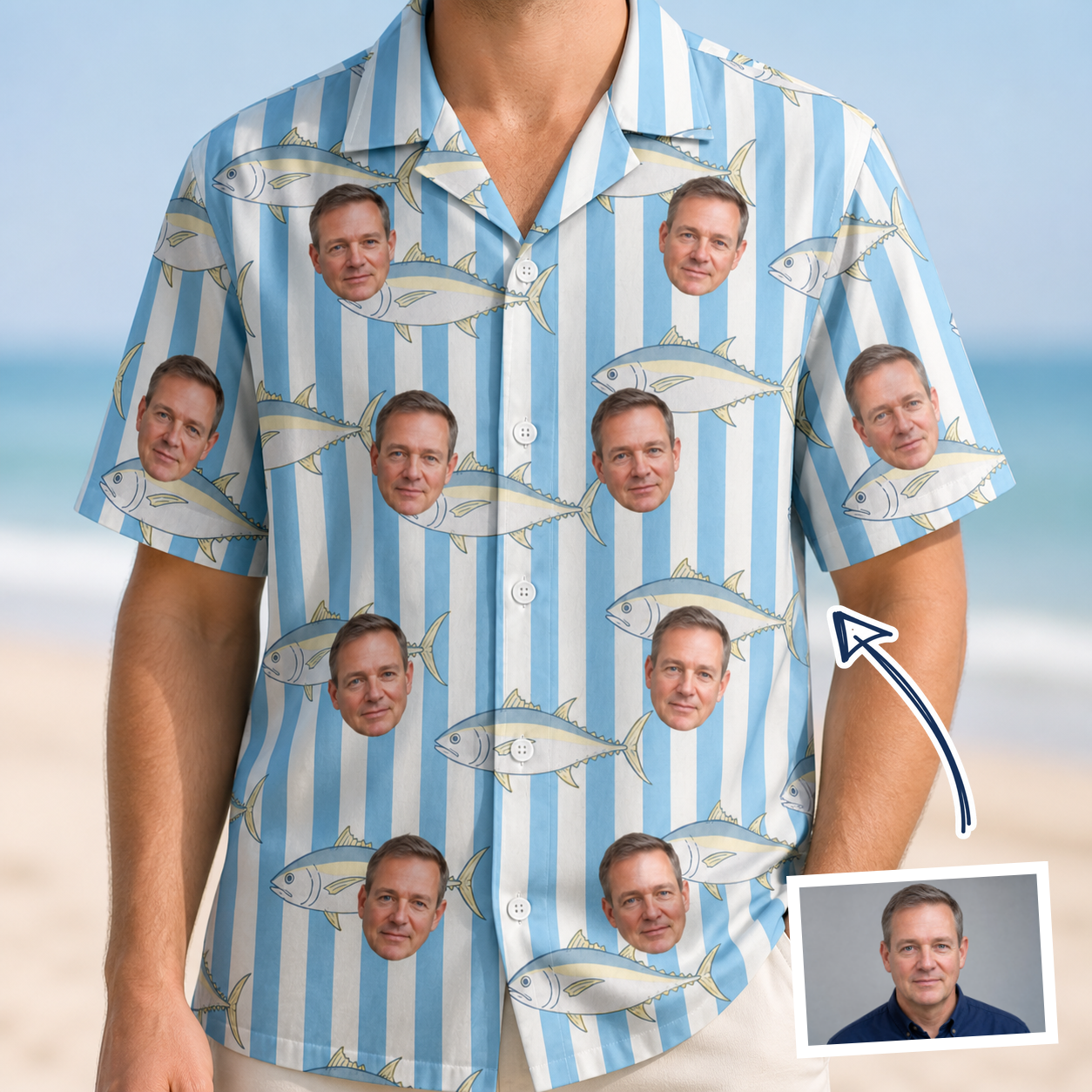 Man wearing Men's Tuna Tactics Custom Face Hawaiian Shirt — custom faces printed all-over