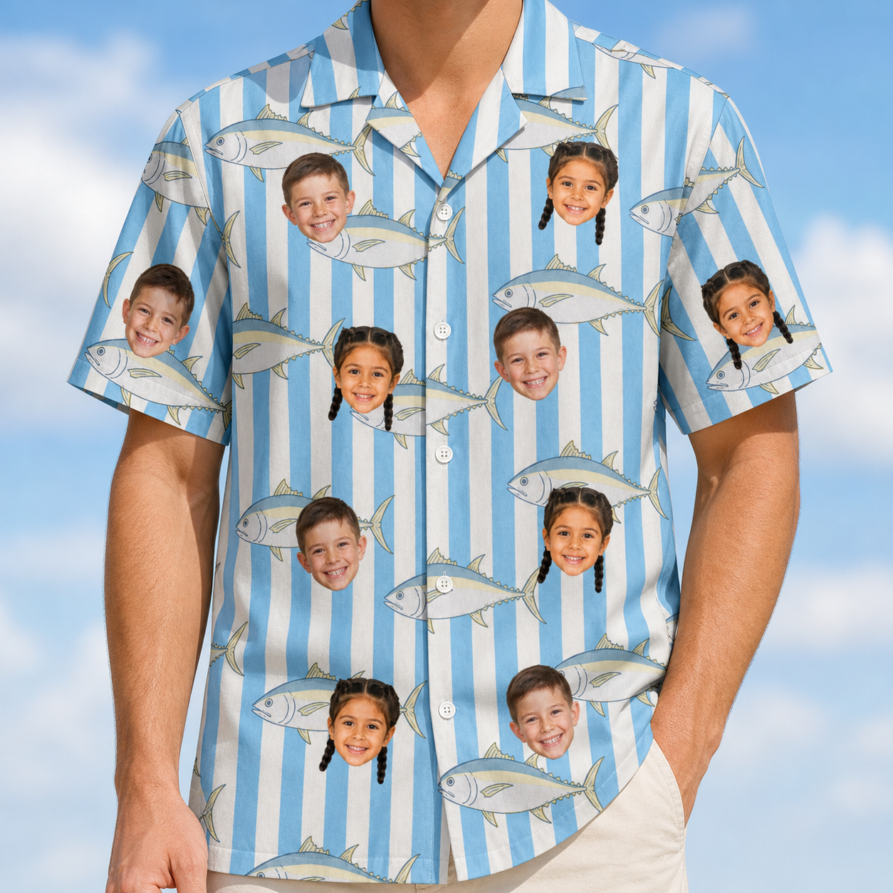Model wearing Men's Tuna Tactics Custom Face Hawaiian Shirt printed with kids' faces