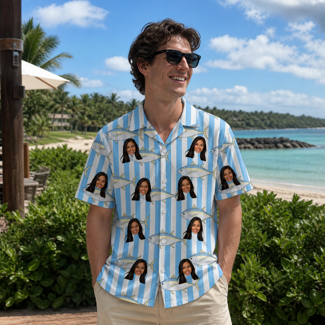 Real-life photo of someone wearing Men's Tuna Tactics Custom Face Hawaiian Shirt — custom faces printed all-over