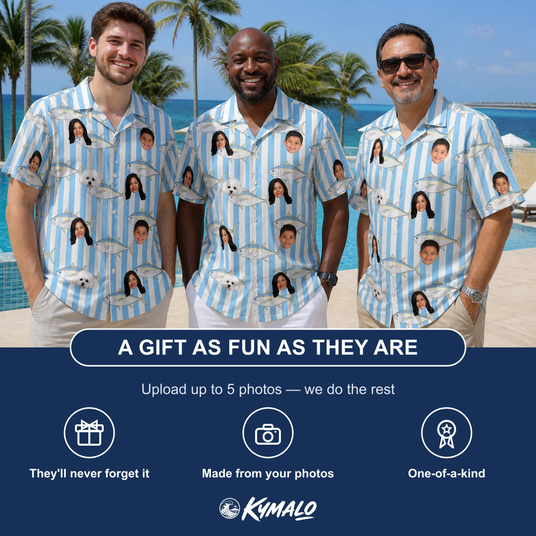 Friends in matching Men's Tuna Tactics Custom Face Hawaiian Shirt — a group gift photo