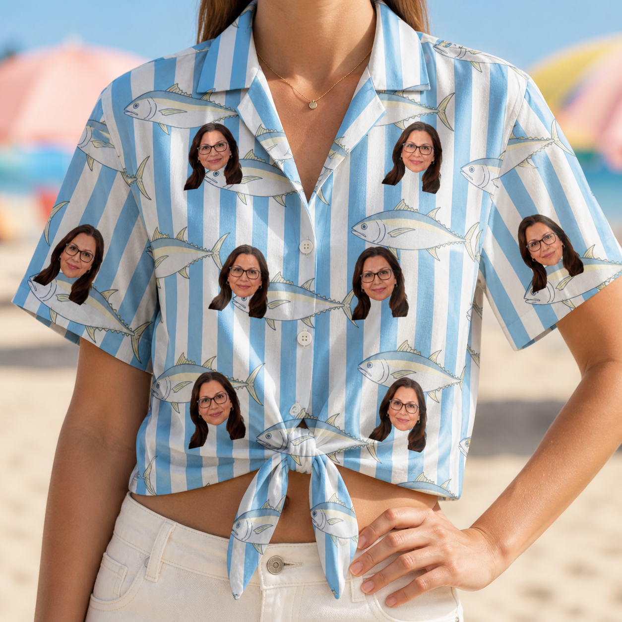 Woman wearing Women's Tuna Tactics Custom Face Hawaiian Shirt tied at the waist