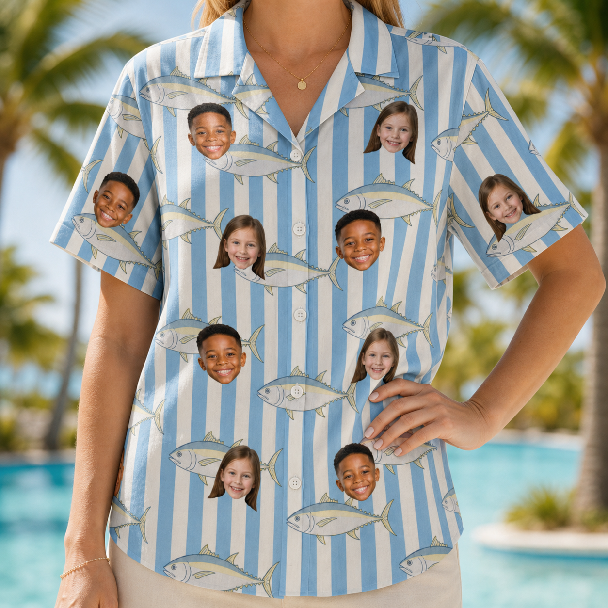 Model wearing Women's Tuna Tactics Custom Face Hawaiian Shirt printed with kids' faces