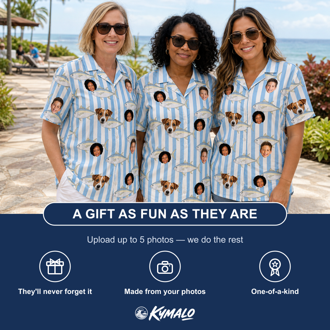 Friends in matching Women's Tuna Tactics Custom Face Hawaiian Shirt — a group gift photo
