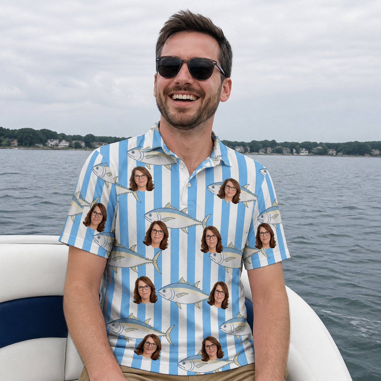 Real-life photo of someone wearing Men's Tuna Tactics Custom Face Polo Shirt — custom faces printed all-over