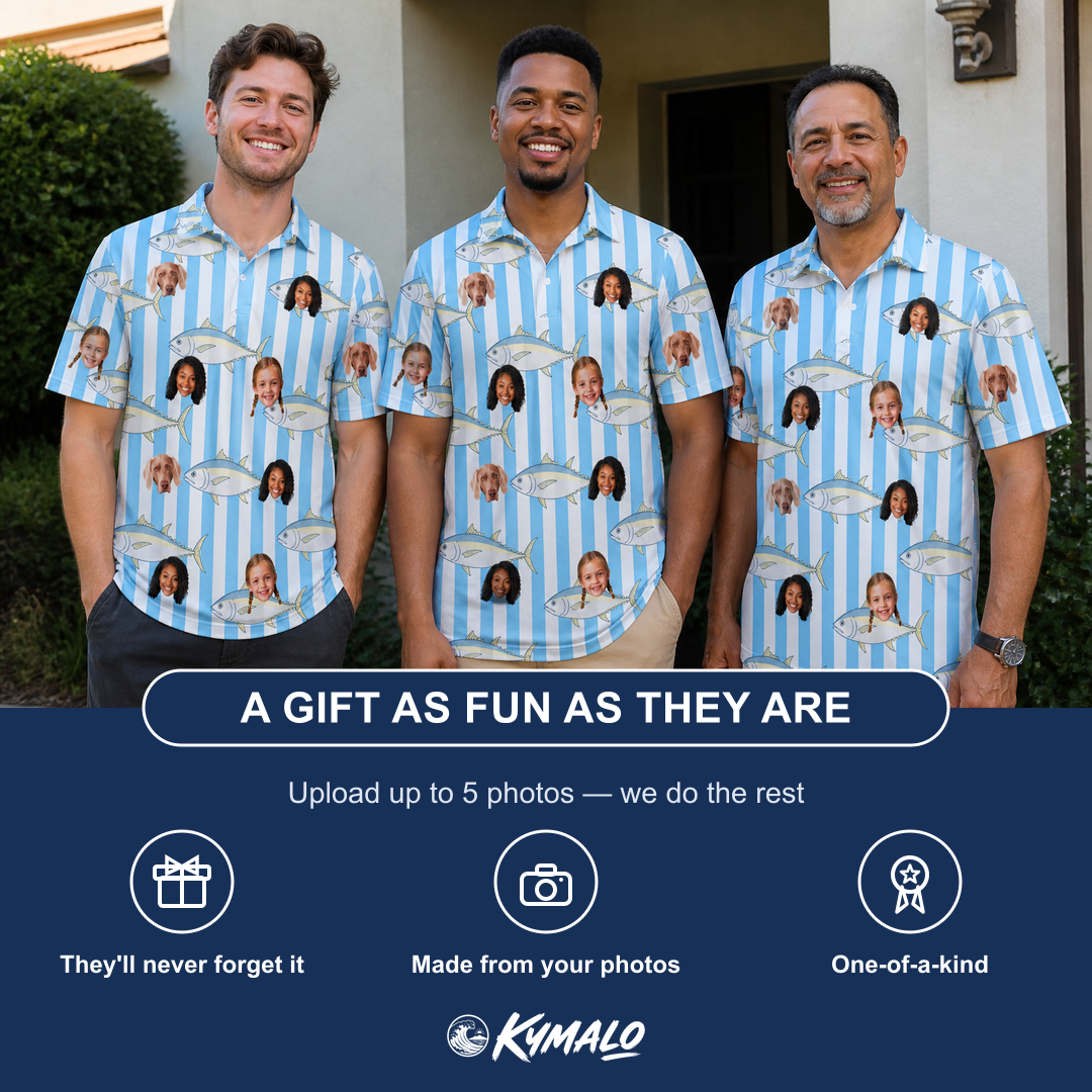 Friends in matching Men's Tuna Tactics Custom Face Polo Shirt — a group gift photo