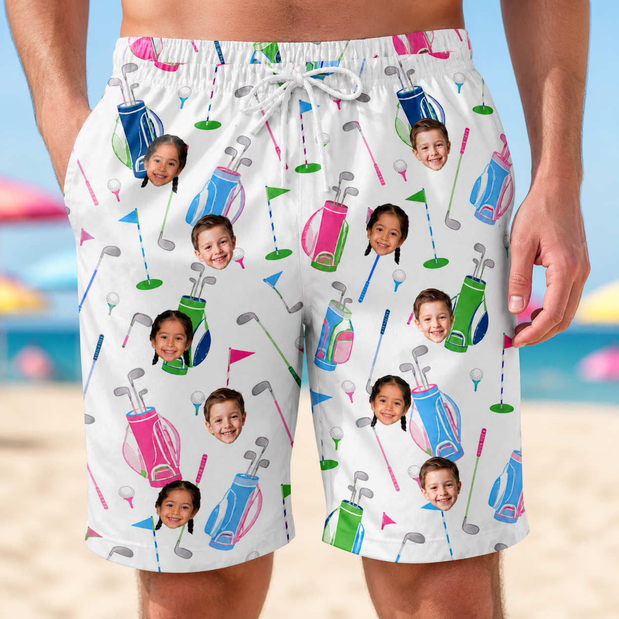 Model wearing Men's Backspin Bonanza Custom Face Beach Shorts printed with kids' faces