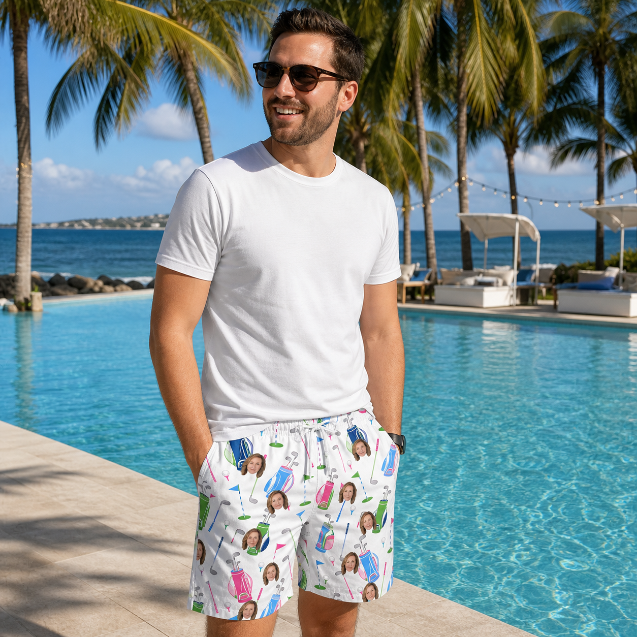 Real-life photo of someone wearing Men's Backspin Bonanza Custom Face Beach Shorts — custom faces printed all-over