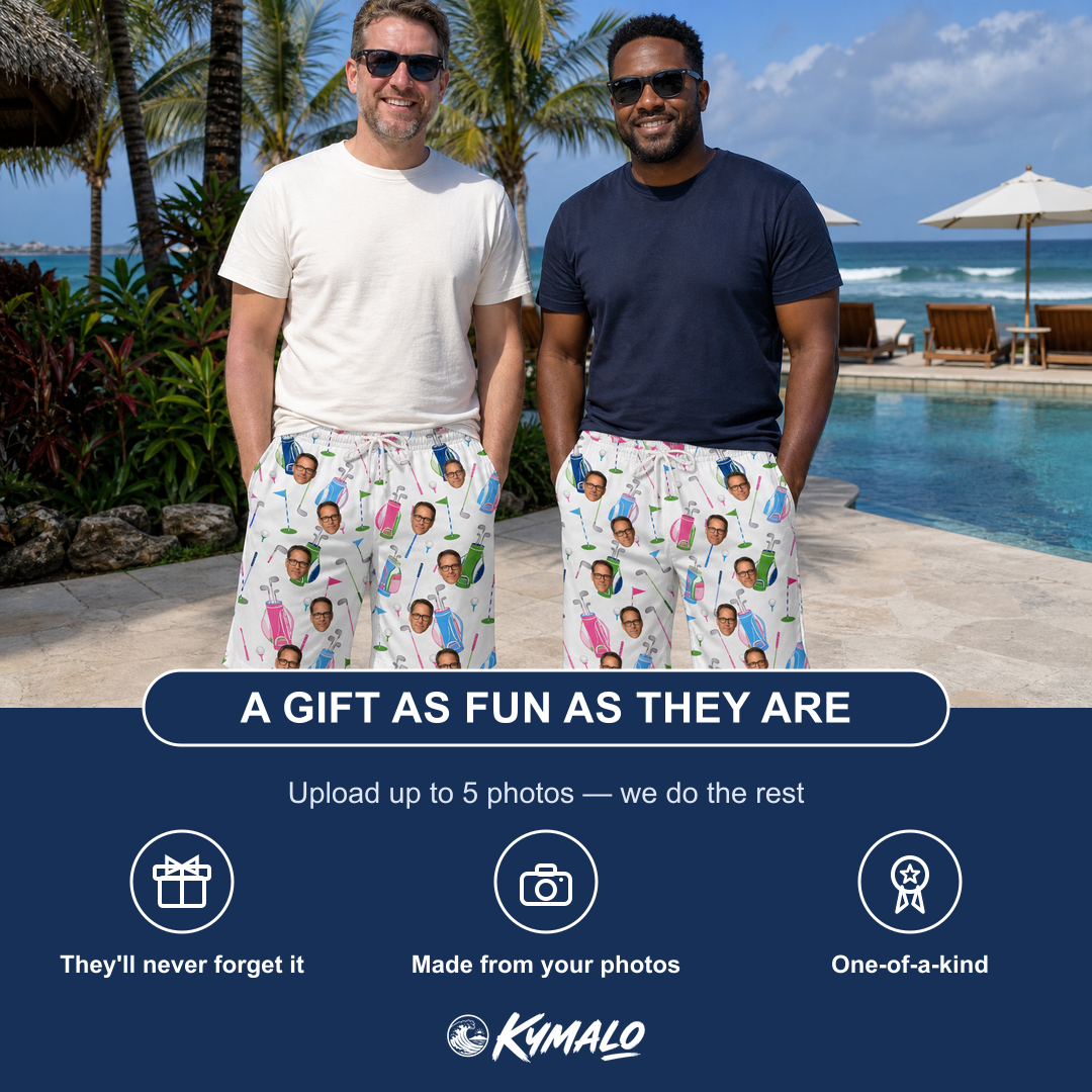 Friends in matching Men's Backspin Bonanza Custom Face Beach Shorts — a group gift photo