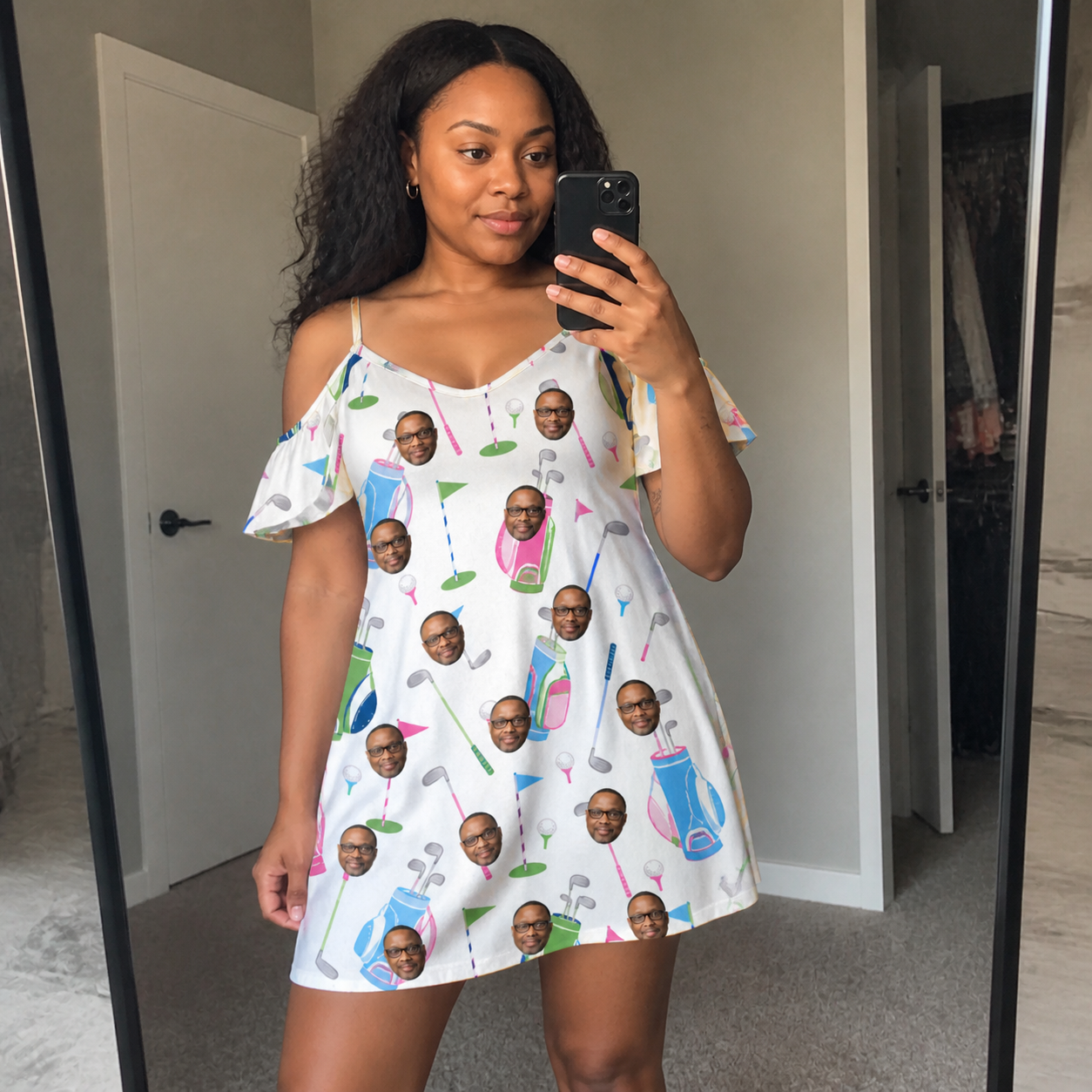 Real-life photo of someone wearing Women's Backspin Bonanza Custom Face Off-Shoulder Dress — custom faces printed all-over