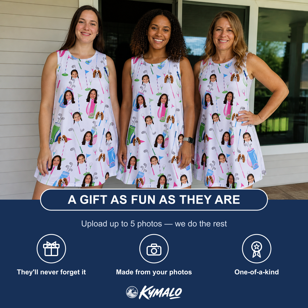 Friends in matching Women's Backspin Bonanza Custom Face Tank Dress — a group gift photo