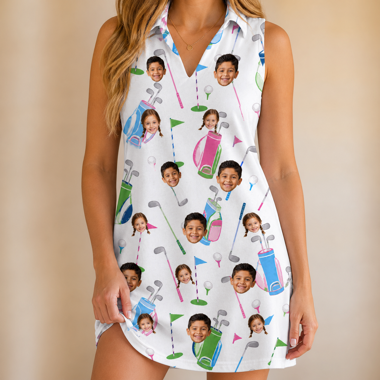 Model wearing Women's Backspin Bonanza Custom Face V-Neck Dress printed with kids' faces