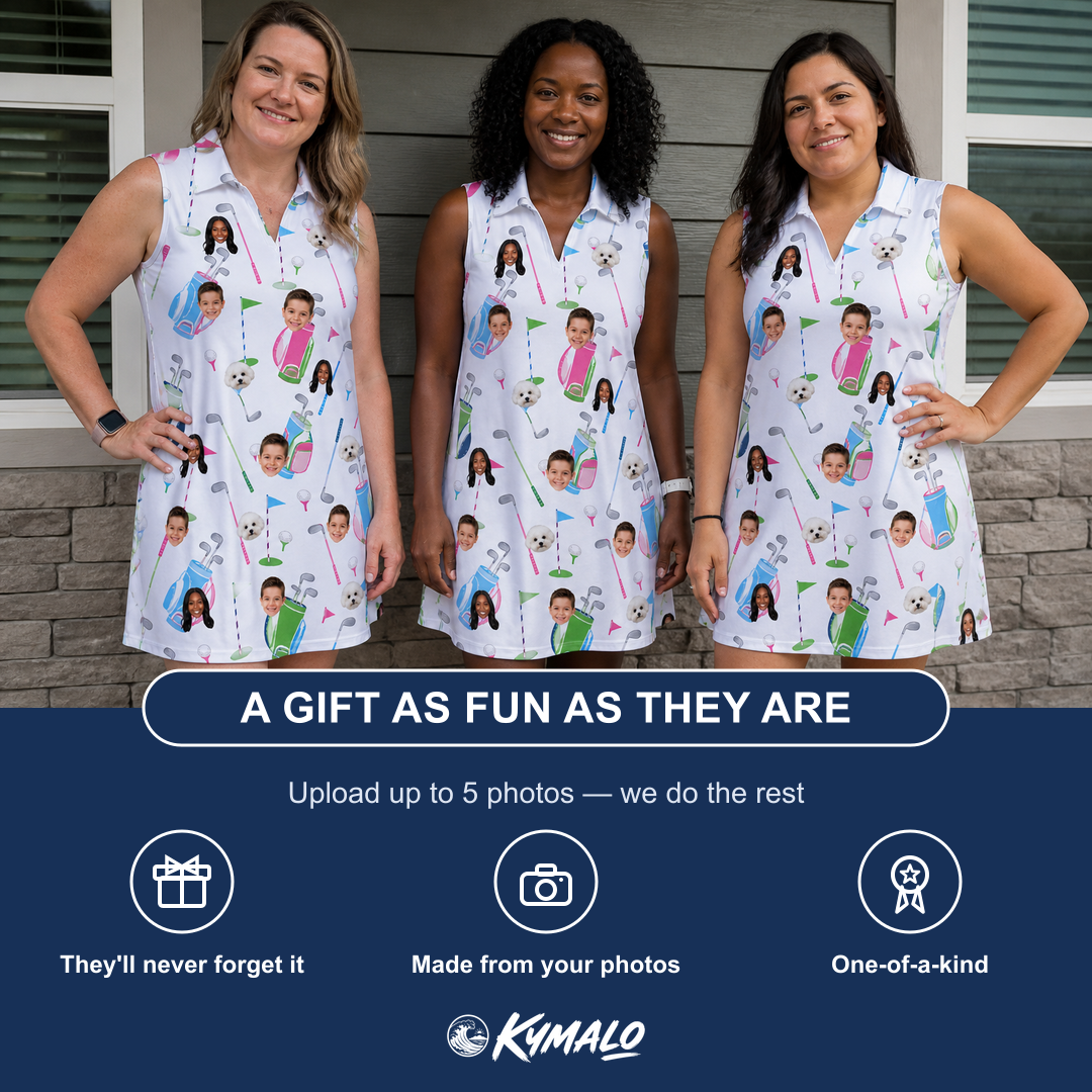 Friends in matching Women's Backspin Bonanza Custom Face V-Neck Dress — a group gift photo