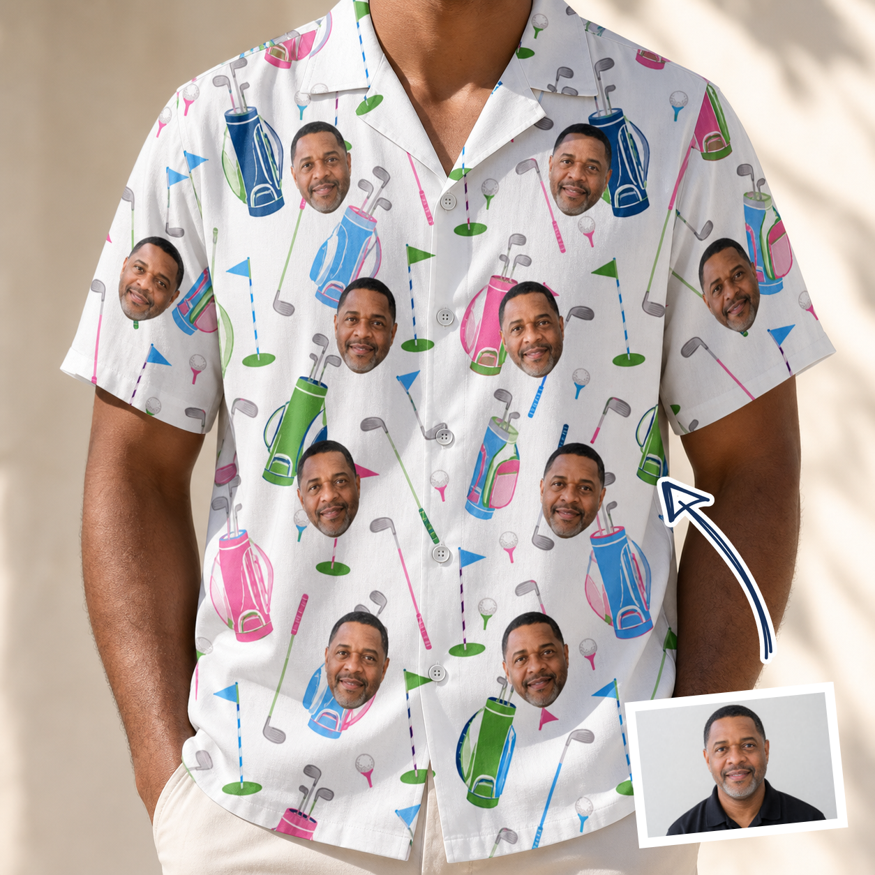 Man wearing Men's Backspin Bonanza Custom Face Hawaiian Shirt — custom faces printed all-over