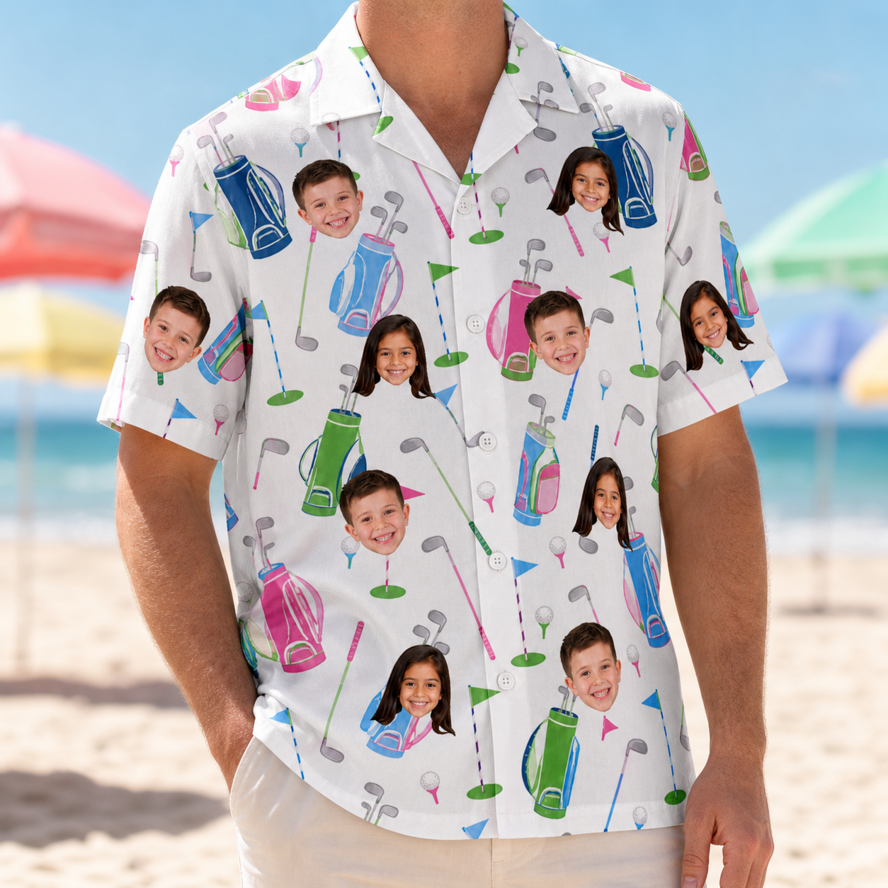 Model wearing Men's Backspin Bonanza Custom Face Hawaiian Shirt printed with kids' faces