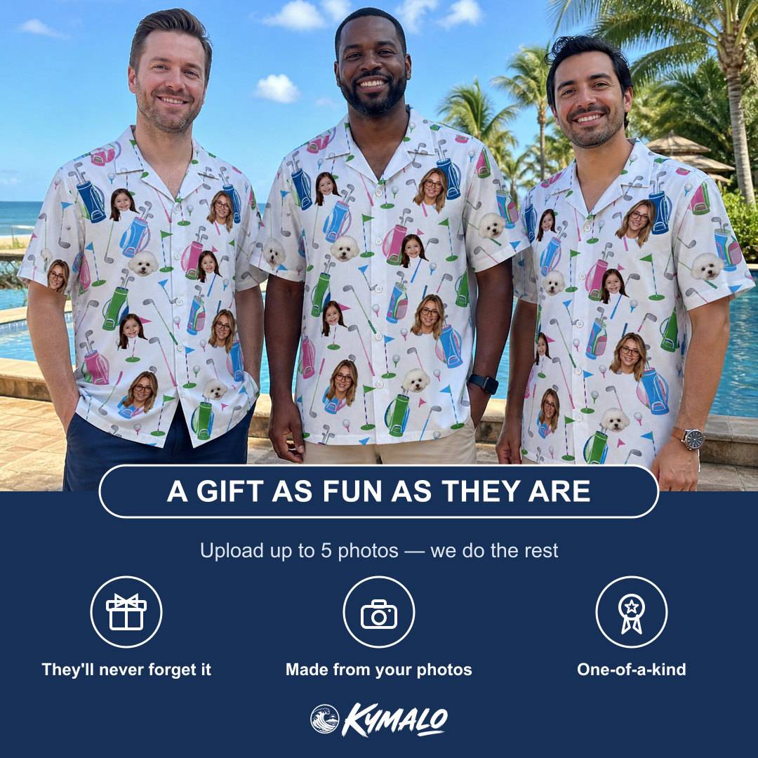 Friends in matching Men's Backspin Bonanza Custom Face Hawaiian Shirt — a group gift photo