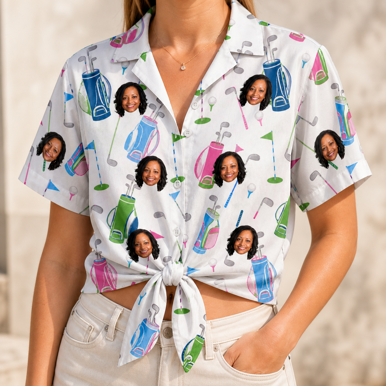 Woman wearing Women's Backspin Bonanza Custom Face Hawaiian Shirt tied at the waist
