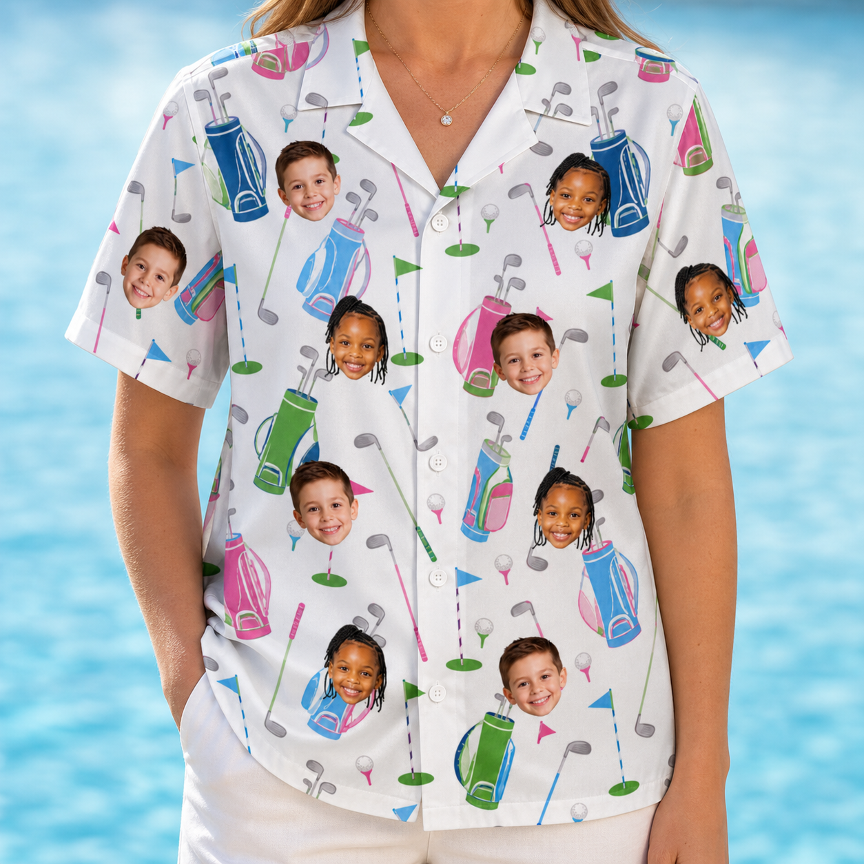 Model wearing Women's Backspin Bonanza Custom Face Hawaiian Shirt printed with kids' faces