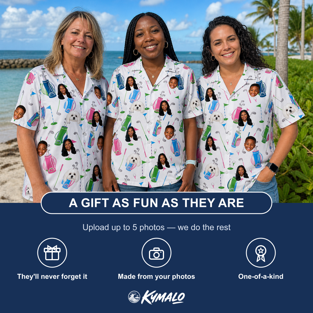Friends in matching Women's Backspin Bonanza Custom Face Hawaiian Shirt — a group gift photo