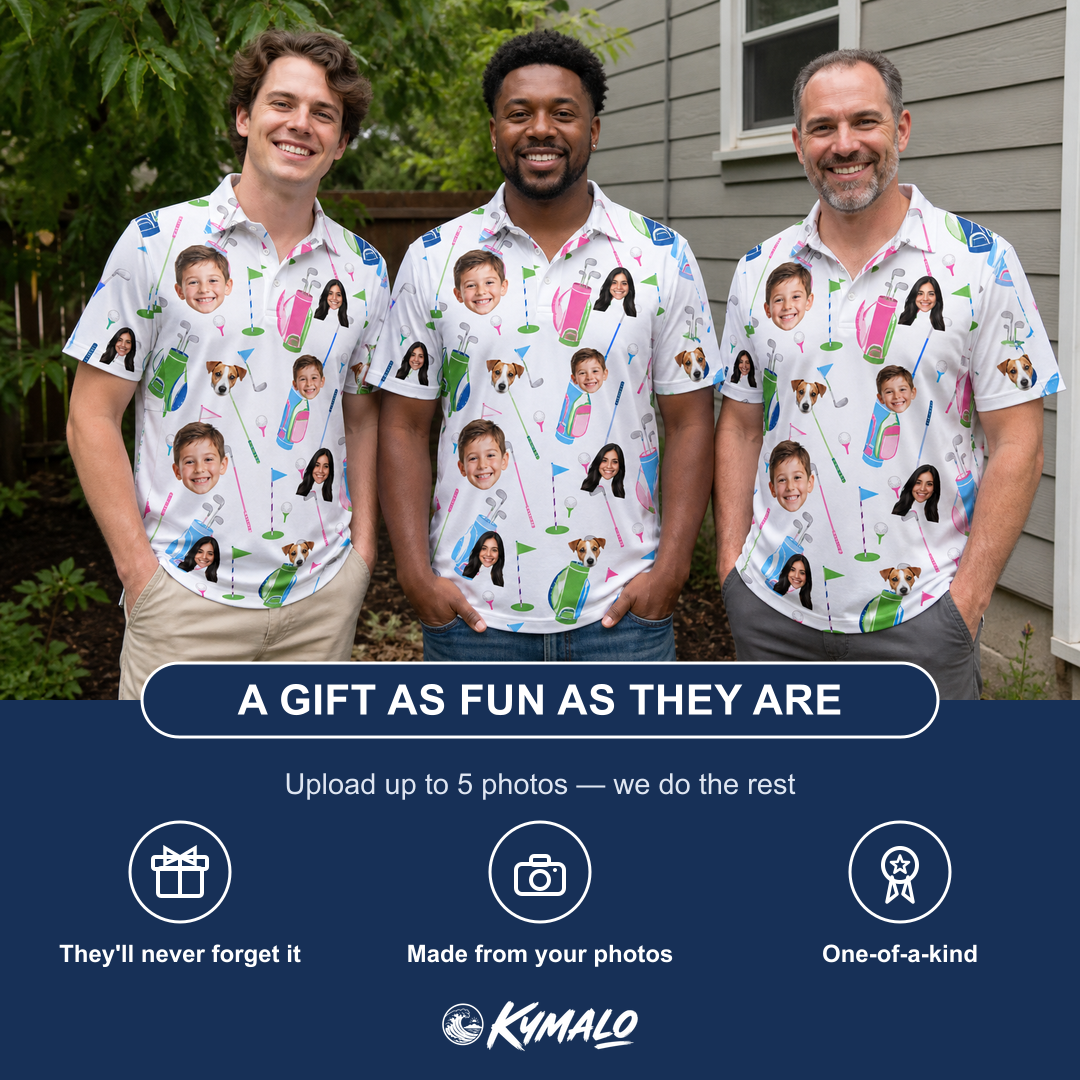 Friends in matching Men's Backspin Bonanza Custom Face Polo Shirt — a group gift photo