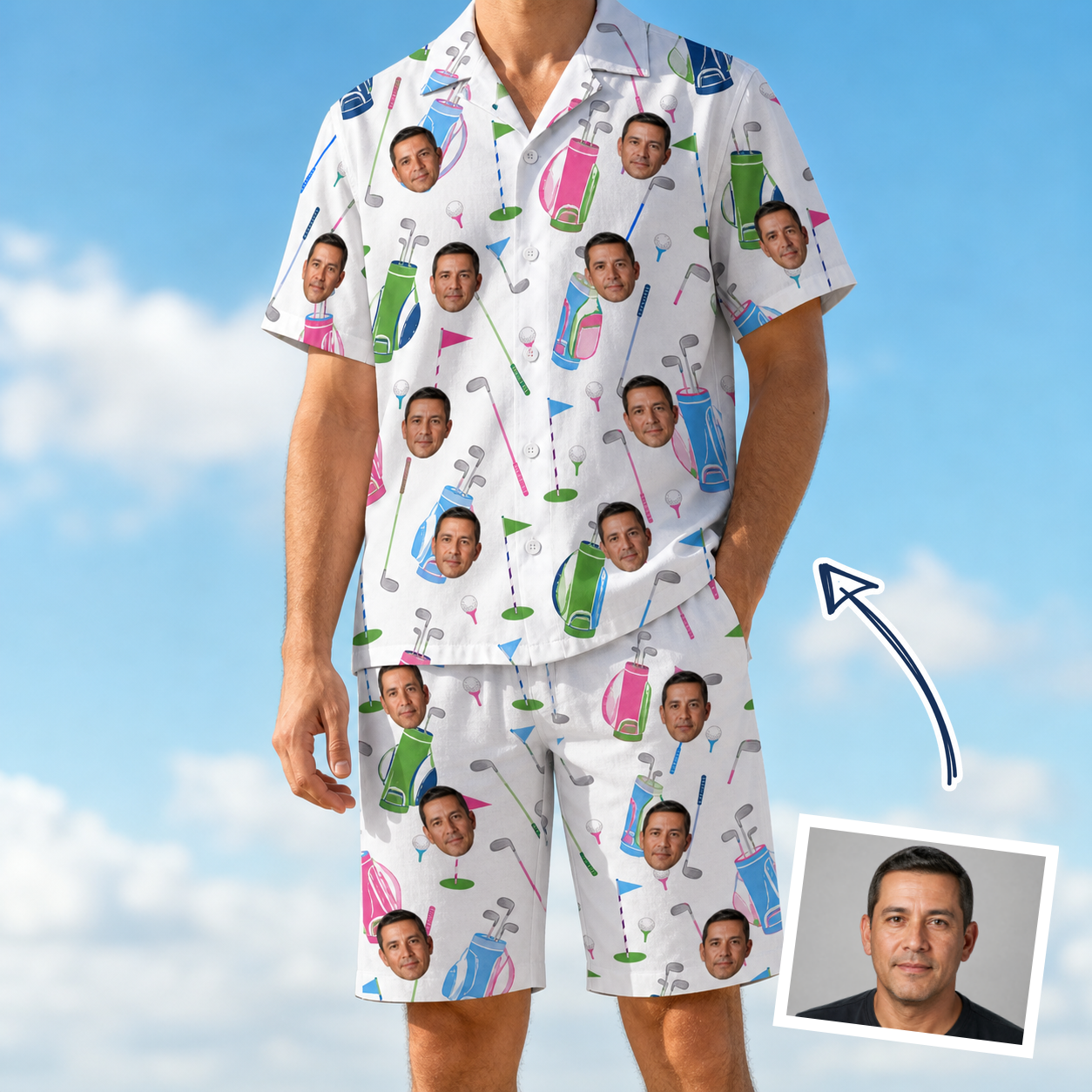 Man wearing Men's Backspin Bonanza Custom Face Shirt & Shorts Set — custom faces printed all-over