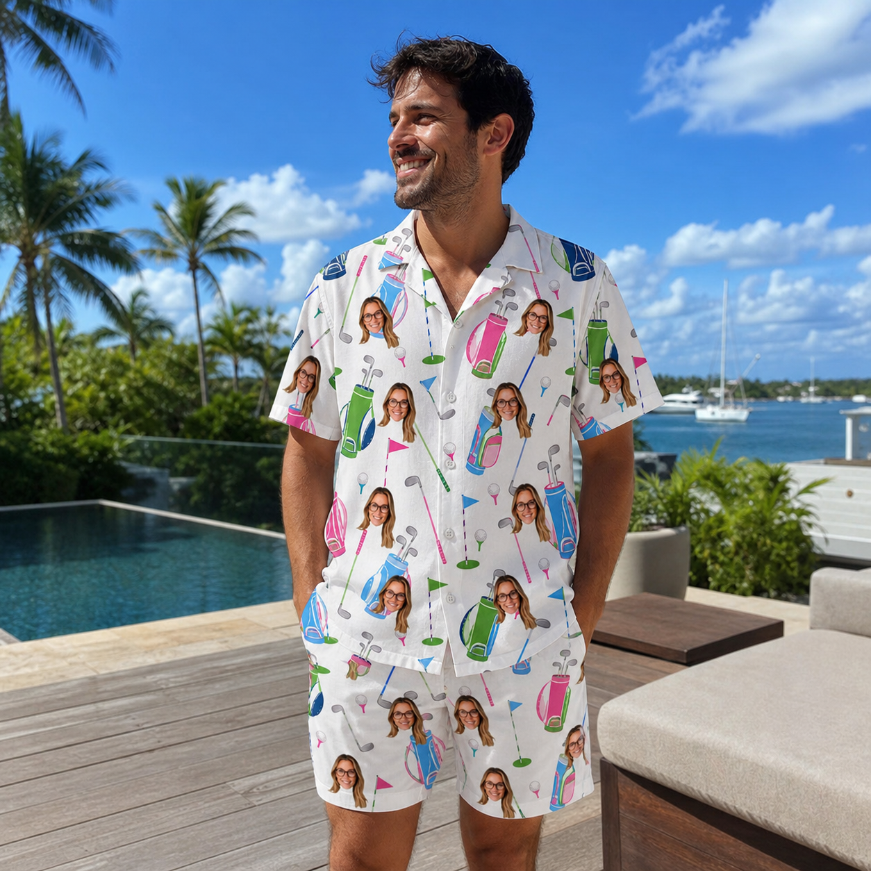 Real-life photo of someone wearing Men's Backspin Bonanza Custom Face Shirt & Shorts Set — custom faces printed all-over