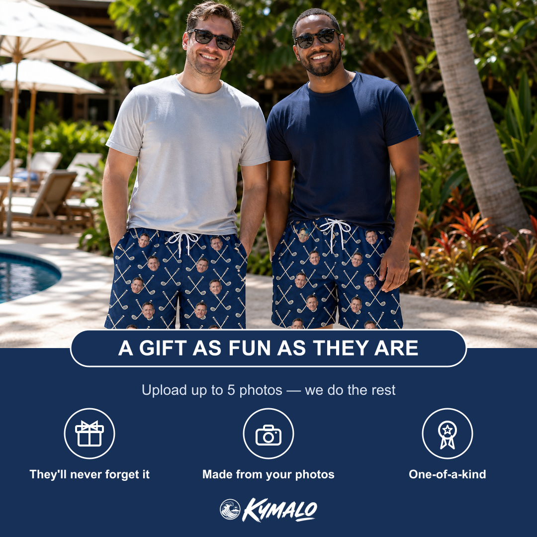 Friends in matching Men's Swing Crossroads Custom Face Beach Shorts — a group gift photo