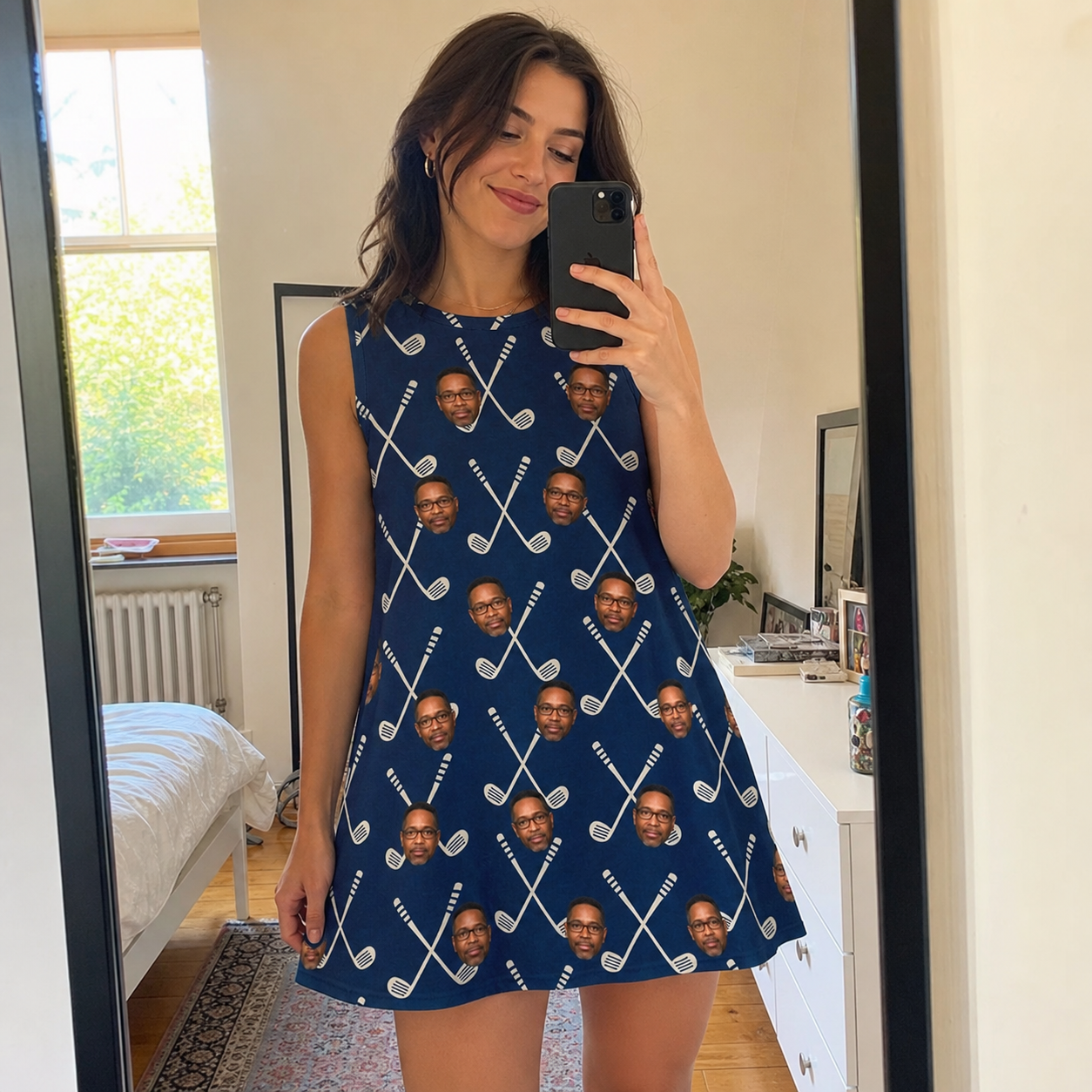Real-life photo of someone wearing Women's Swing Crossroads Custom Face Tank Dress — custom faces printed all-over