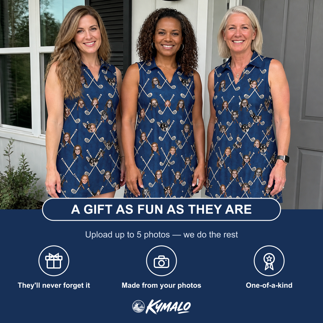 Friends in matching Women's Swing Crossroads Custom Face V-Neck Dress — a group gift photo