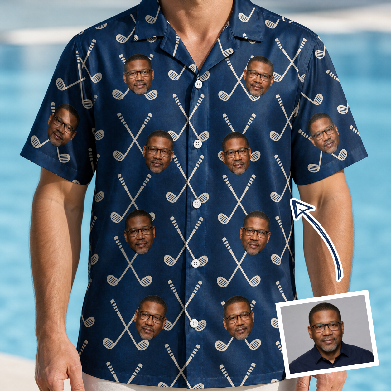 Man wearing Men's Swing Crossroads Custom Face Hawaiian Shirt — custom faces printed all-over