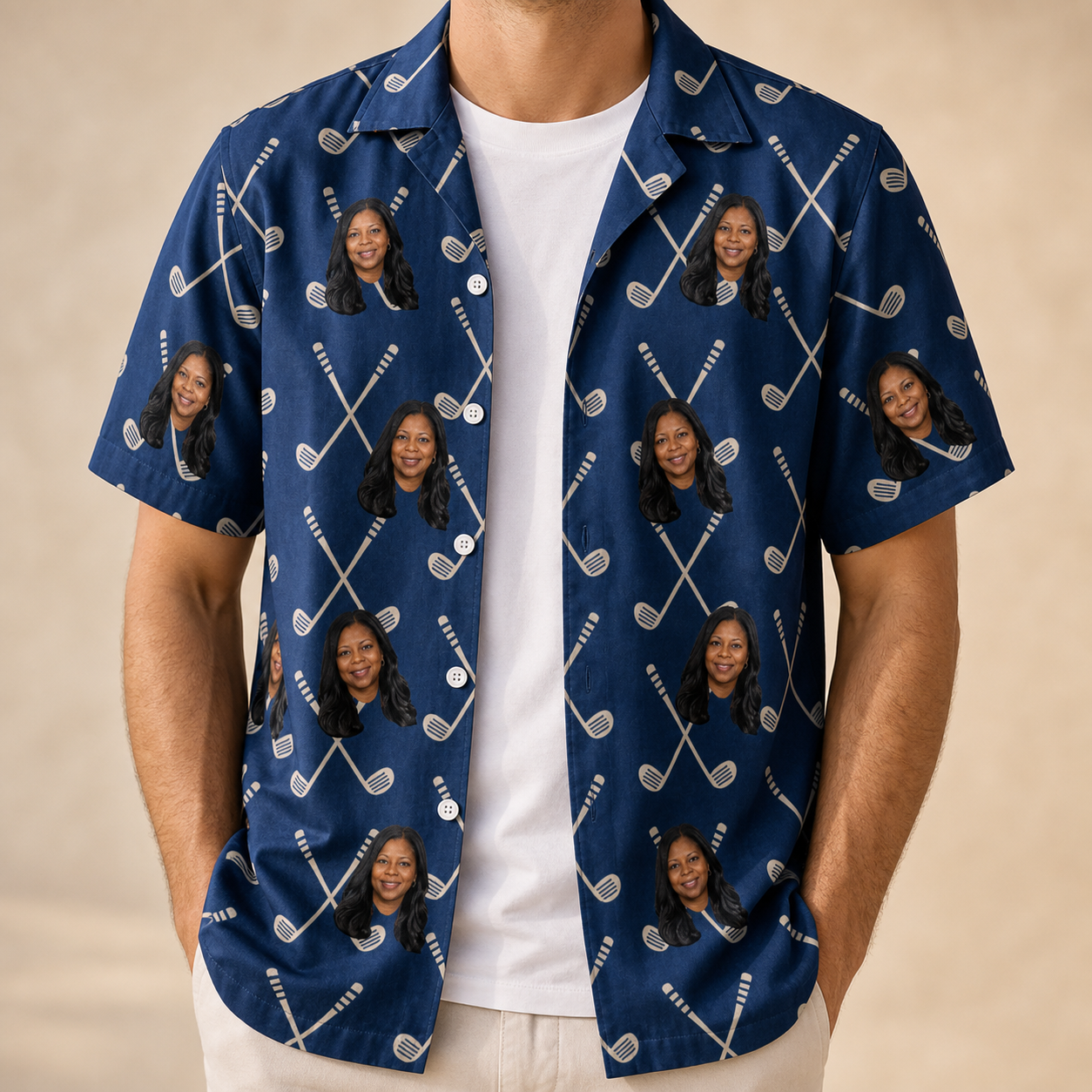 Man wearing Men's Swing Crossroads Custom Face Hawaiian Shirt open over a white tee