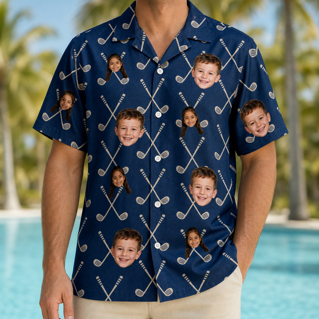 Model wearing Men's Swing Crossroads Custom Face Hawaiian Shirt printed with kids' faces