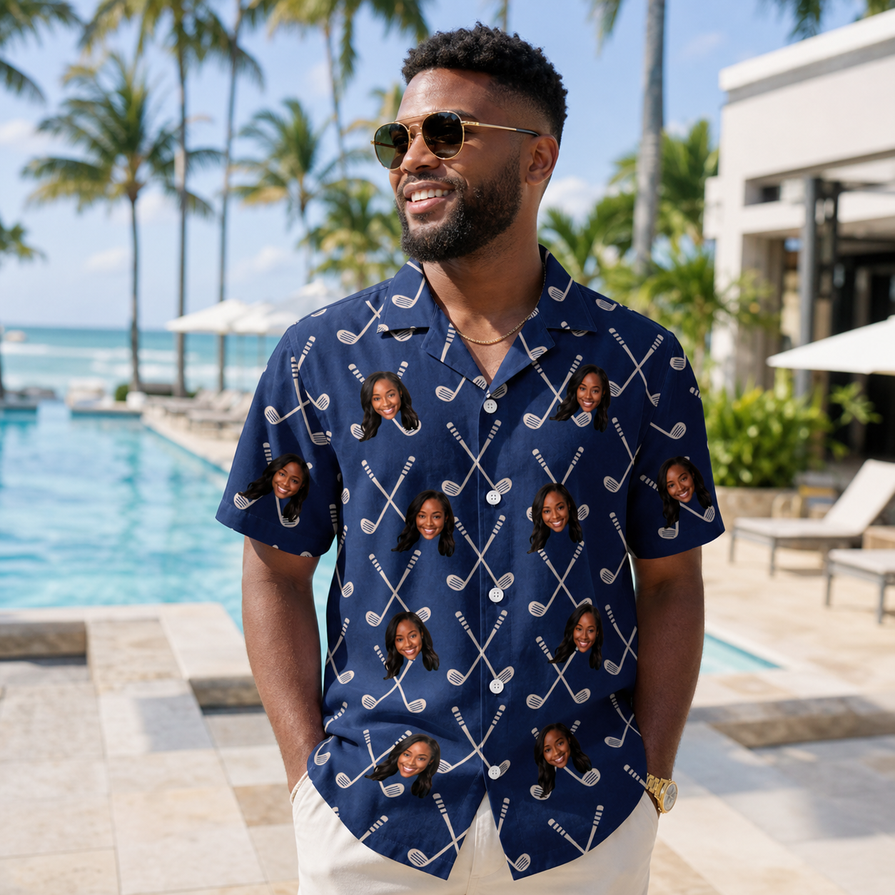 Real-life photo of someone wearing Men's Swing Crossroads Custom Face Hawaiian Shirt — custom faces printed all-over