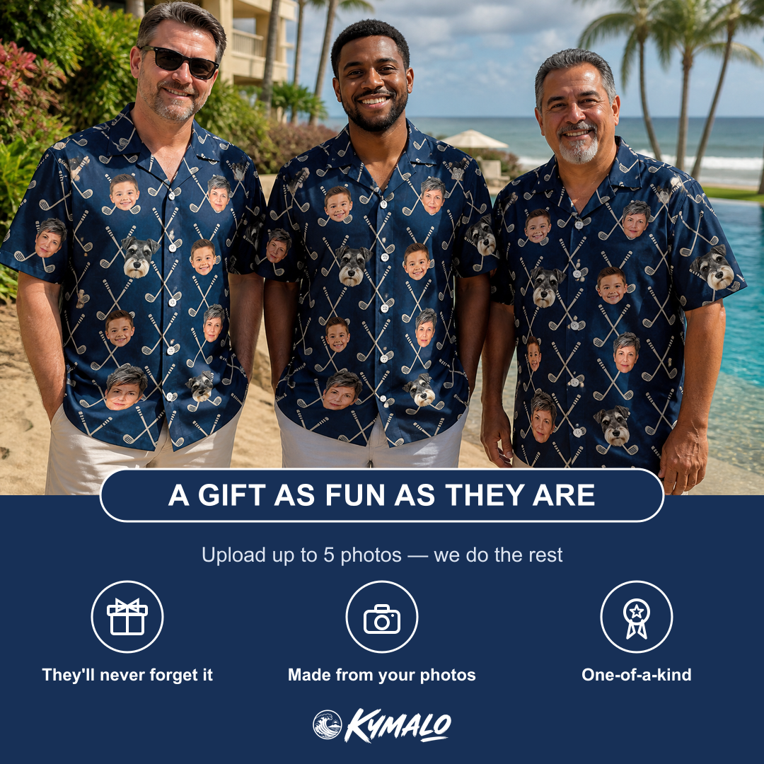 Friends in matching Men's Swing Crossroads Custom Face Hawaiian Shirt — a group gift photo
