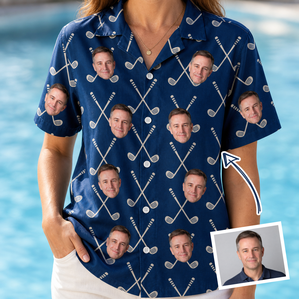 Woman wearing Women's Swing Crossroads Custom Face Hawaiian Shirt — custom faces printed all-over