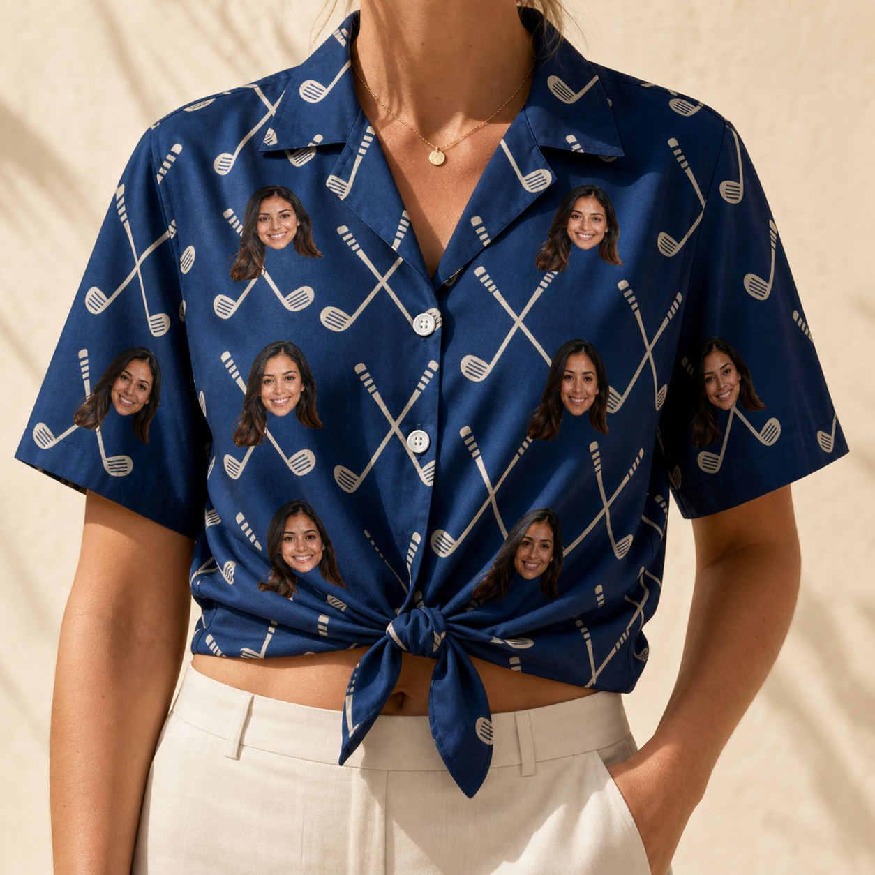 Woman wearing Women's Swing Crossroads Custom Face Hawaiian Shirt tied at the waist