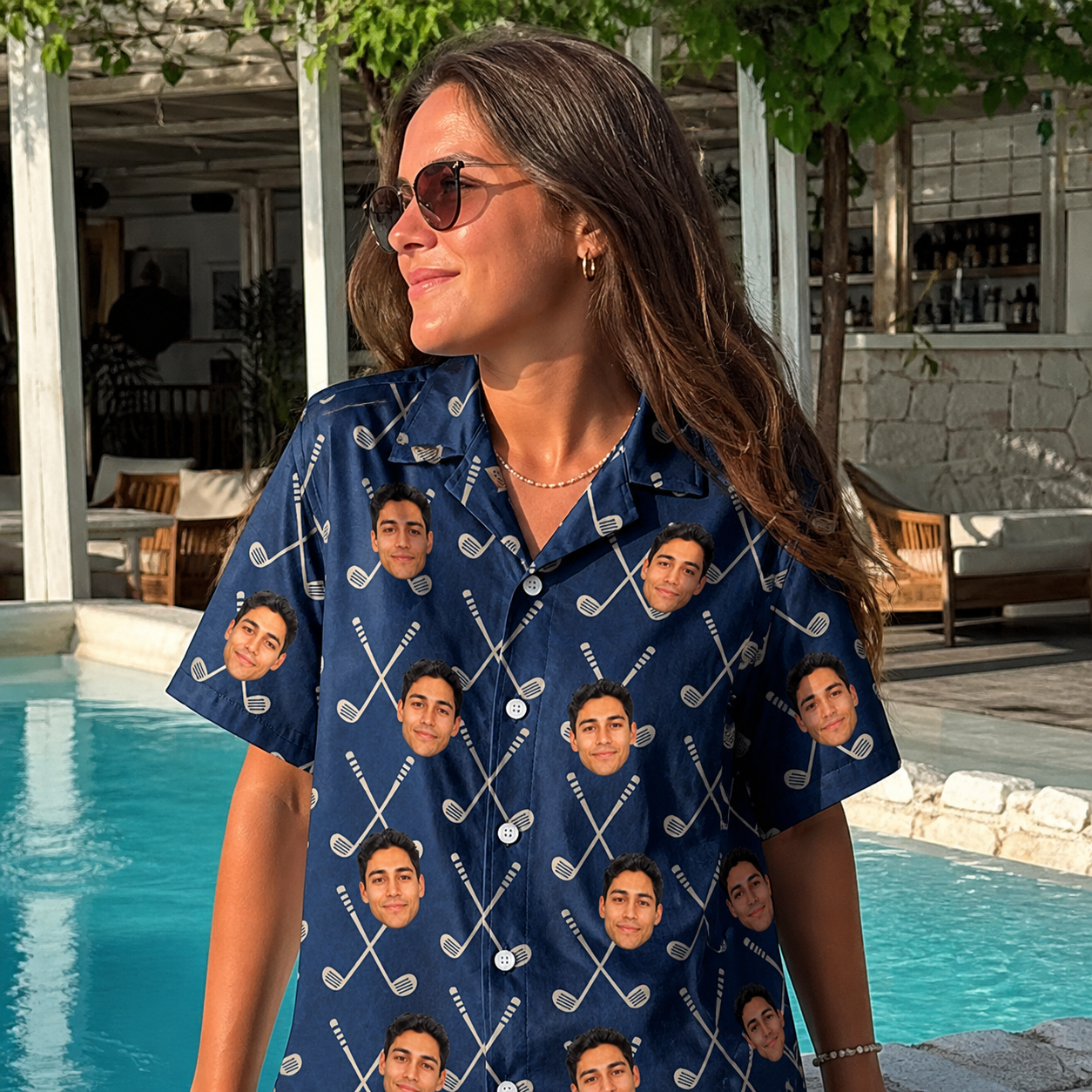 Real-life photo of someone wearing Women's Swing Crossroads Custom Face Hawaiian Shirt — custom faces printed all-over