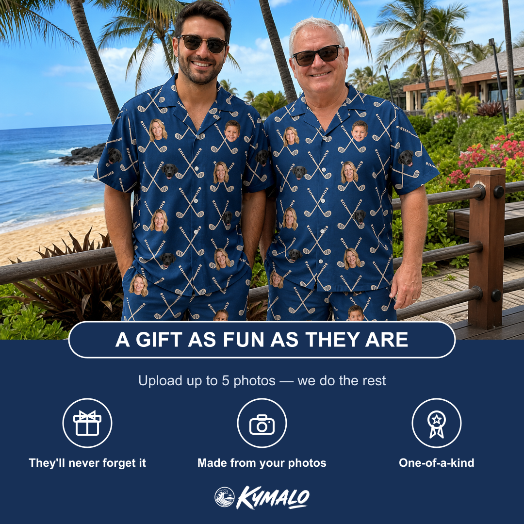 Friends in matching Men's Swing Crossroads Custom Face Shirt & Shorts Set — a group gift photo