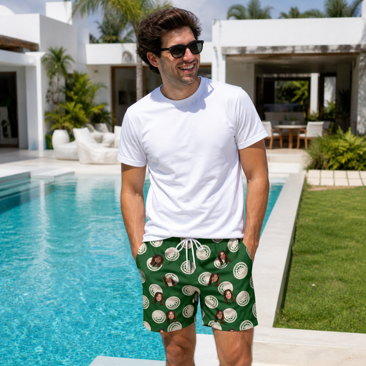 Real-life photo of someone wearing Men's Birdie Bouncers Custom Face Beach Shorts — custom faces printed all-over