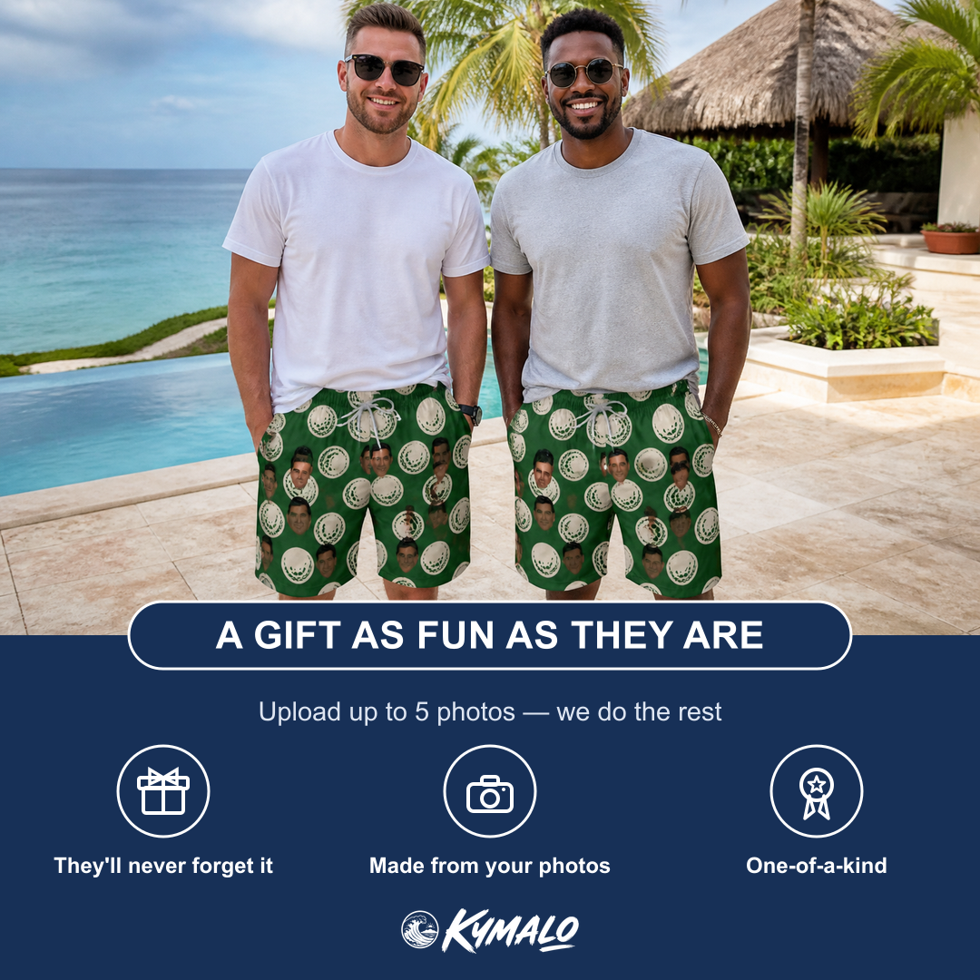 Friends in matching Men's Birdie Bouncers Custom Face Beach Shorts — a group gift photo