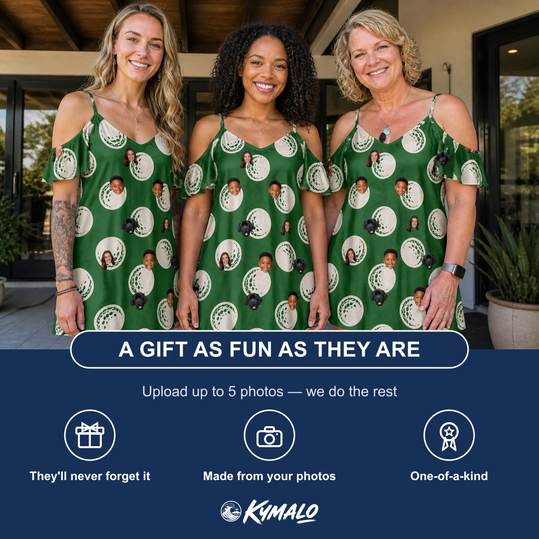Friends in matching Women's Birdie Bouncers Custom Face Off-Shoulder Dress — a group gift photo