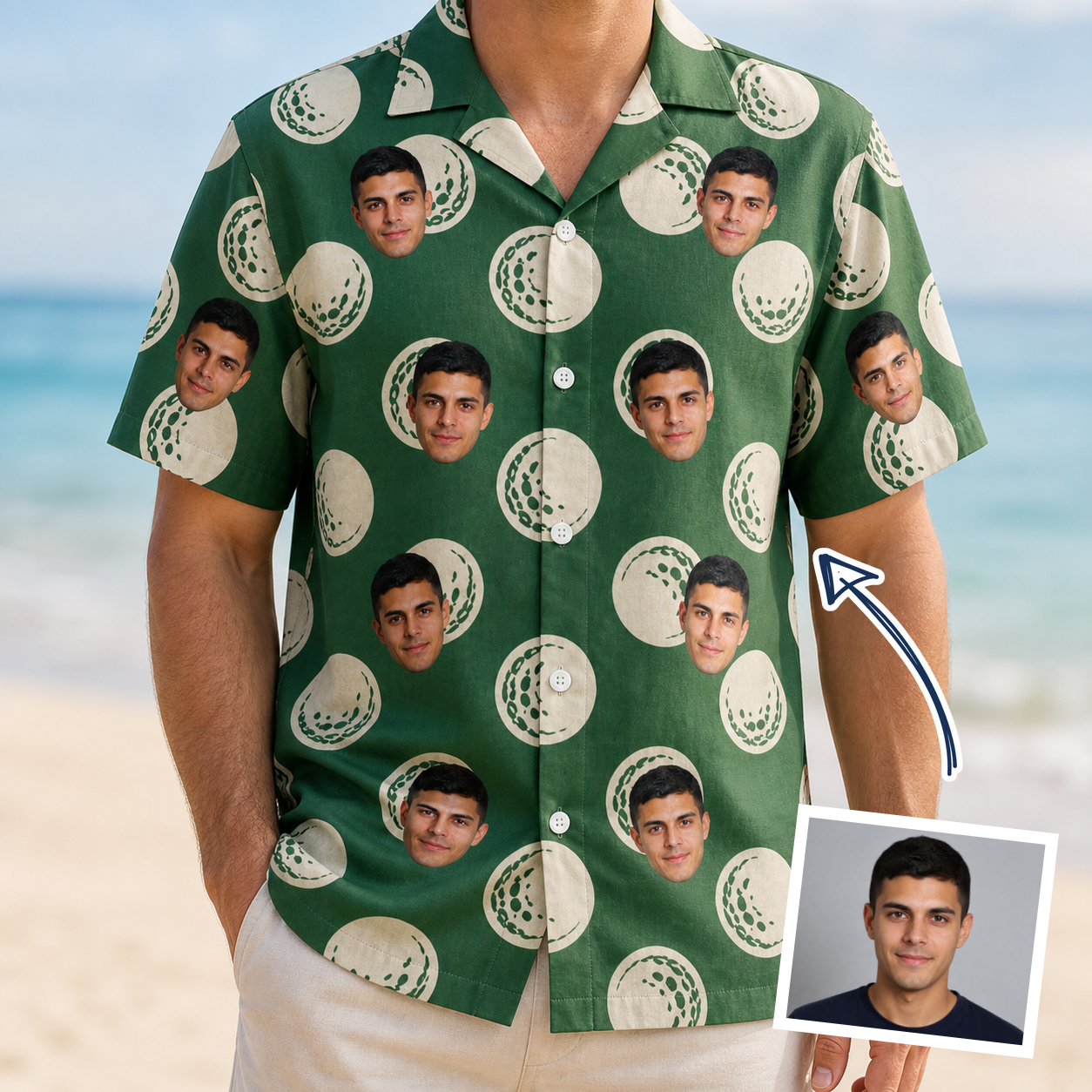 Man wearing Men's Birdie Bouncers Custom Face Hawaiian Shirt — custom faces printed all-over