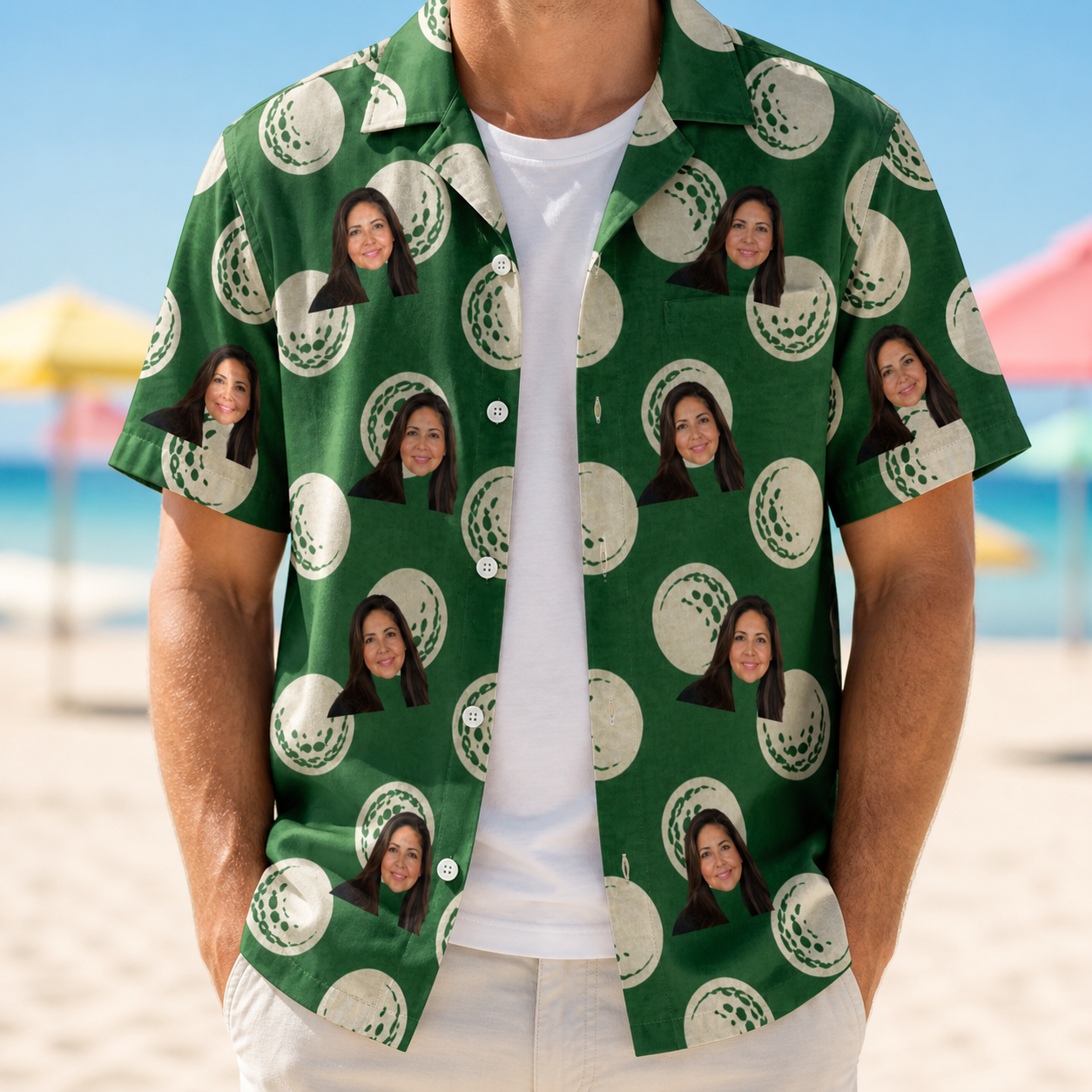 Man wearing Men's Birdie Bouncers Custom Face Hawaiian Shirt open over a white tee