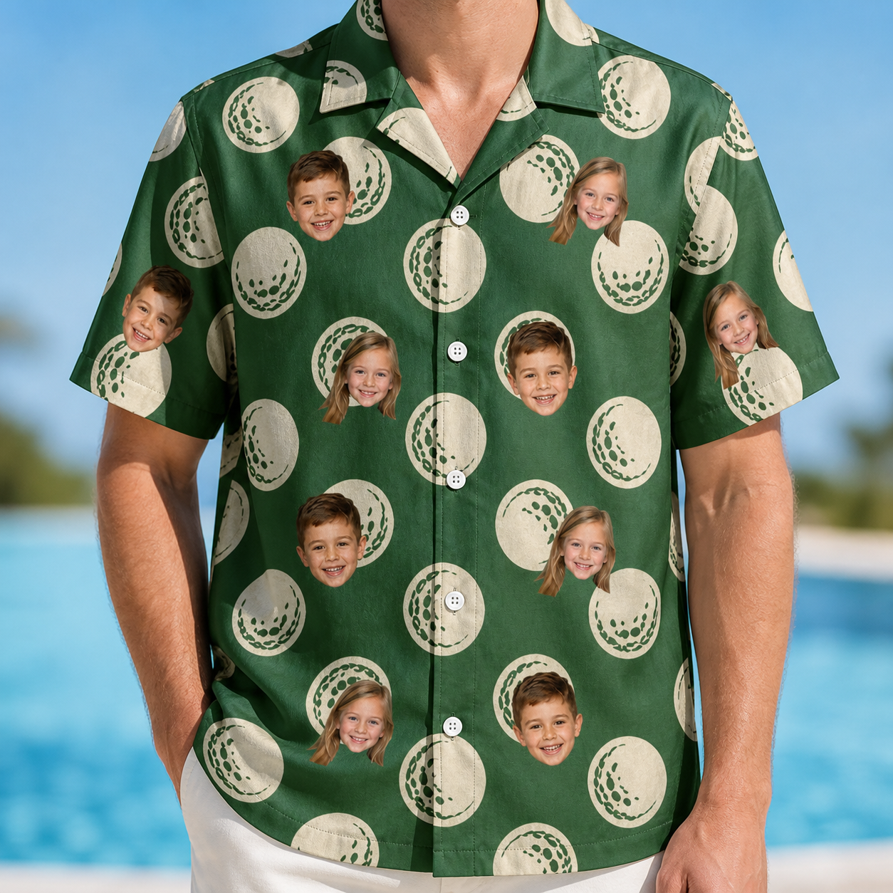 Model wearing Men's Birdie Bouncers Custom Face Hawaiian Shirt printed with kids' faces