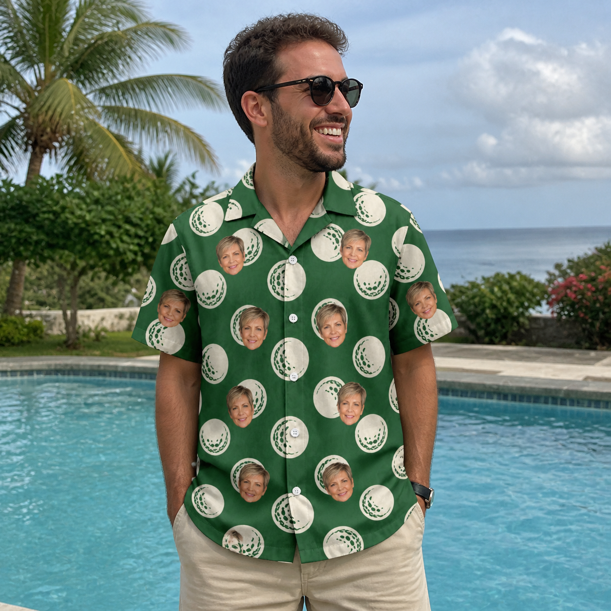 Real-life photo of someone wearing Men's Birdie Bouncers Custom Face Hawaiian Shirt — custom faces printed all-over