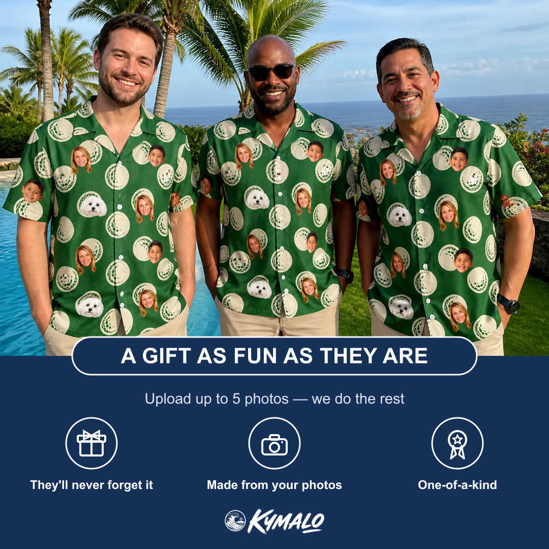 Friends in matching Men's Birdie Bouncers Custom Face Hawaiian Shirt — a group gift photo