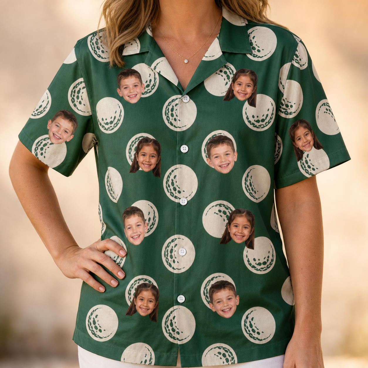 Model wearing Women's Birdie Bouncers Custom Face Hawaiian Shirt printed with kids' faces