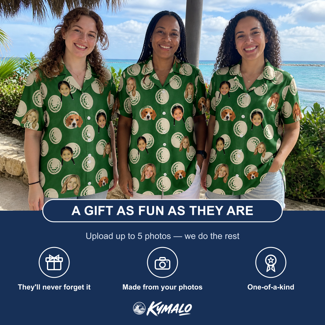 Friends in matching Women's Birdie Bouncers Custom Face Hawaiian Shirt — a group gift photo